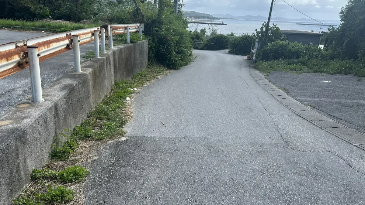 無料駐車場から浜へ下る車道